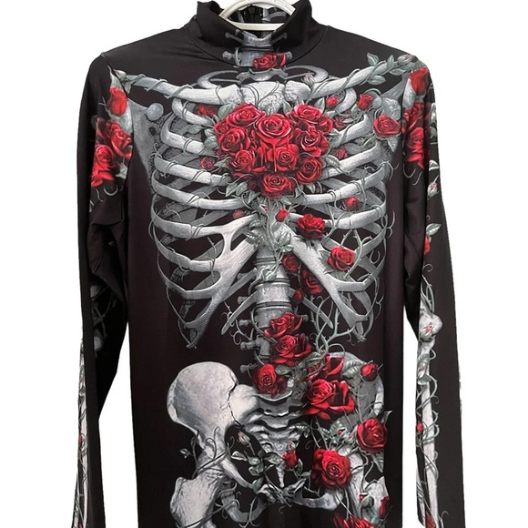 Skeleton Rose Print Scary Costume Black Skinny Jumpsuit Bodysuit Halloween XL - Picture 6 of 9